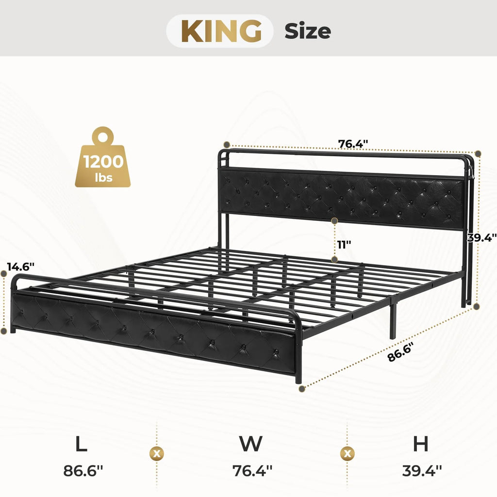 King Size Faux Leather Upholstered Platform Bed with LED Headboard T54660