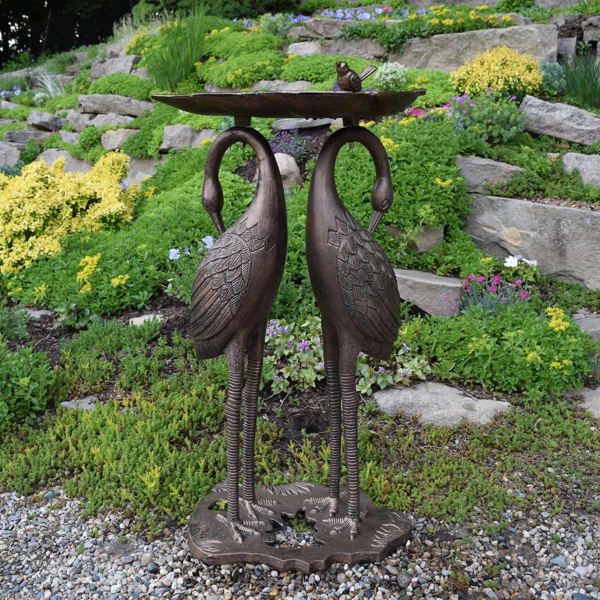 Cast Aluminum 30-in Twin Crane Bird Bath with Leaf Bowl Y39500