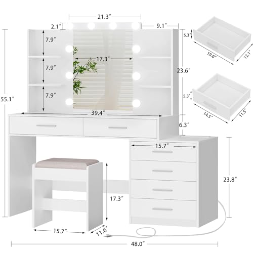 Large White Vanity Desk with Lighted Mirror and Power Outlet M306014