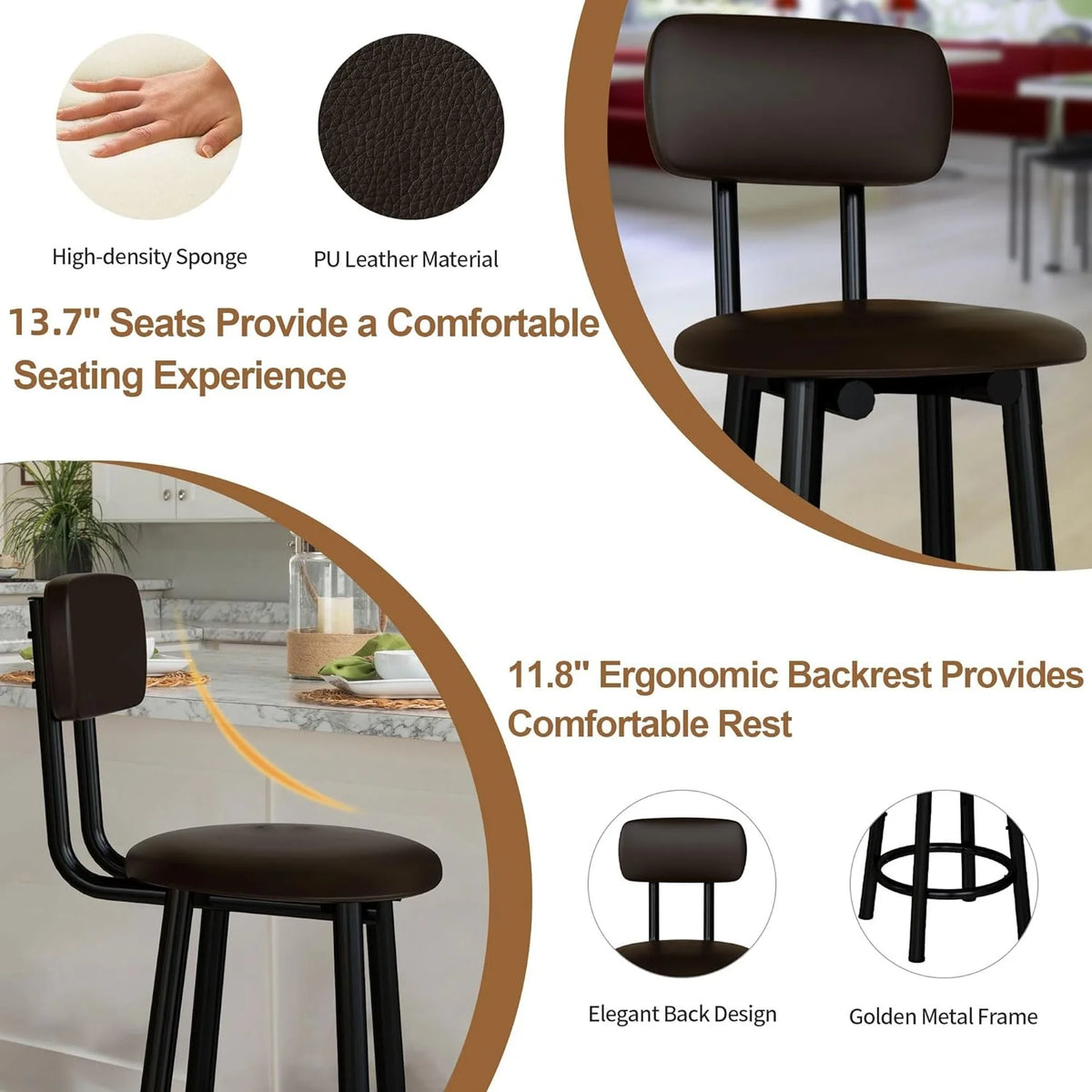 Bar Stools Set of 4, 35.4 inch PU Leather with Backrest, Rustic Brown O2654