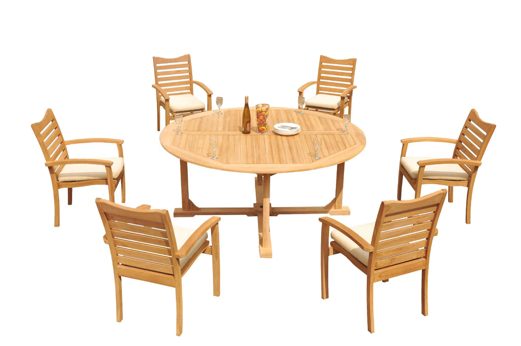 Grade-A Teak 7 Pc Dining Set with 72" Round Table and 6 Stacking Arm Chairs H254
