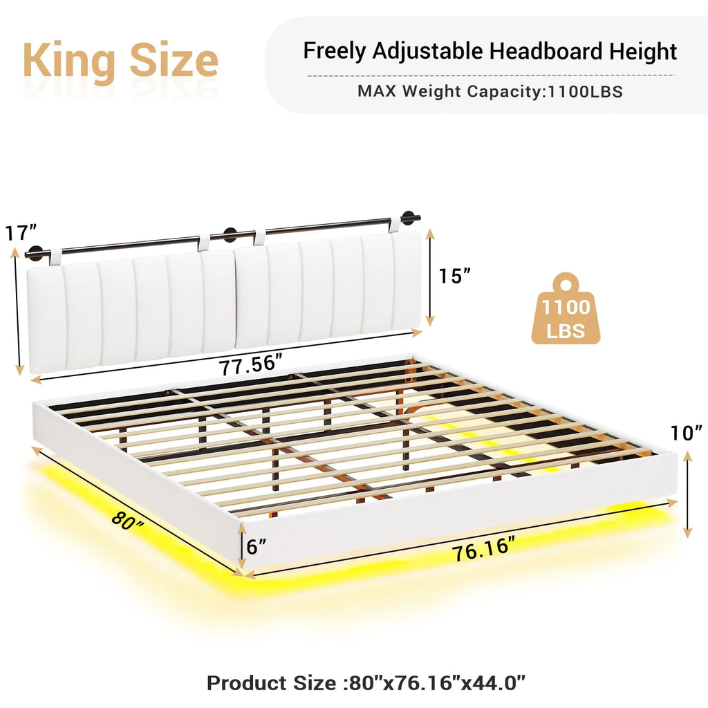 Queen Floating Bed Frame with LED Lights and Wall Mounted Headboard E52252