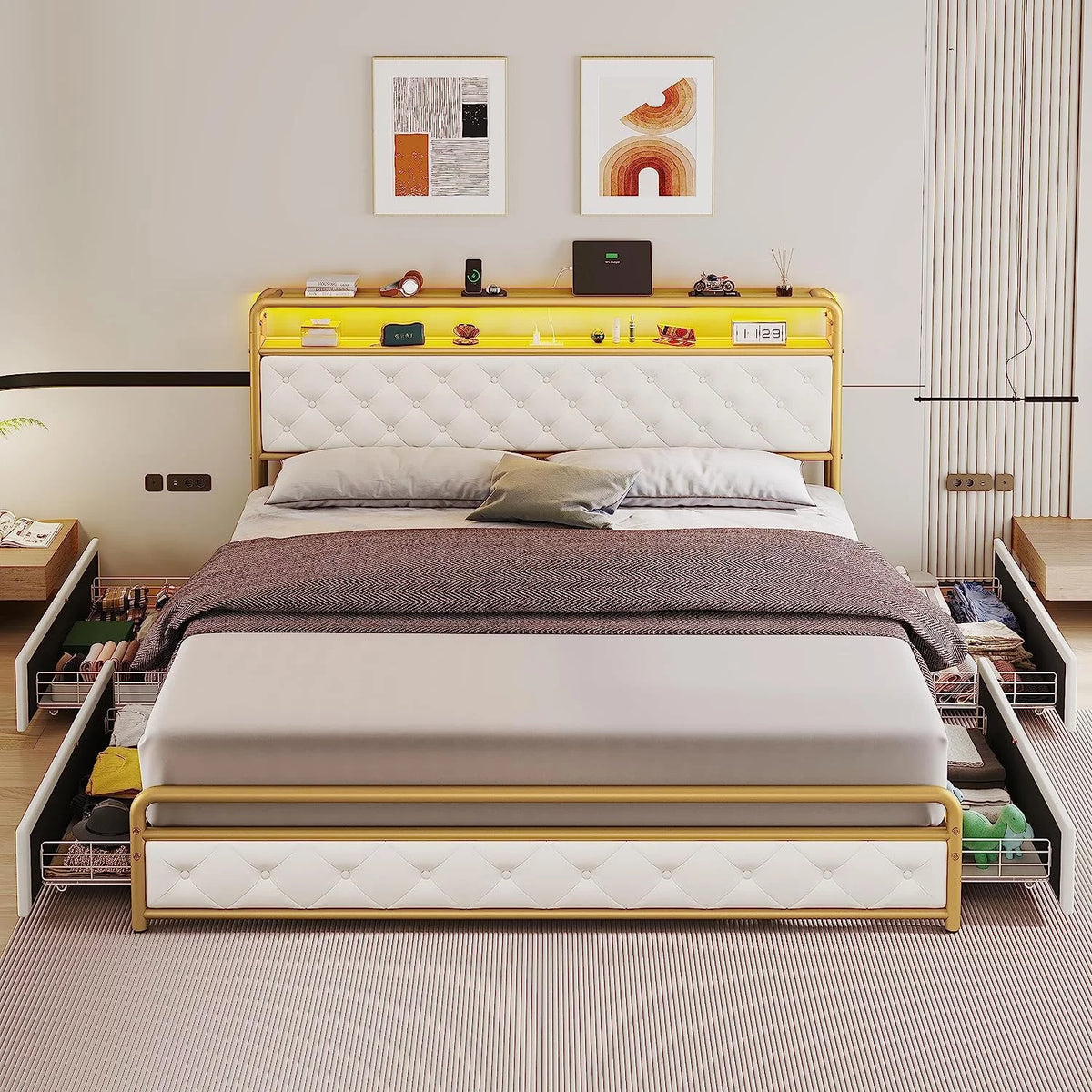 King Size Faux Leather Upholstered Platform Bed with LED Headboard T54660