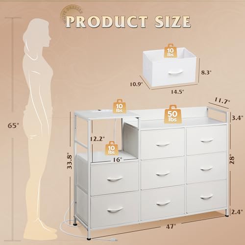 White 8 Drawer Fabric Dresser with Charging Station R526