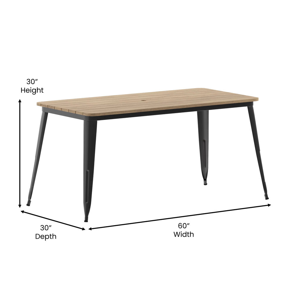Indoor/Outdoor Dining Table with Umbrella Hole, 30" x 60" Brown Poly Resin Top and Black Steel Base T40580