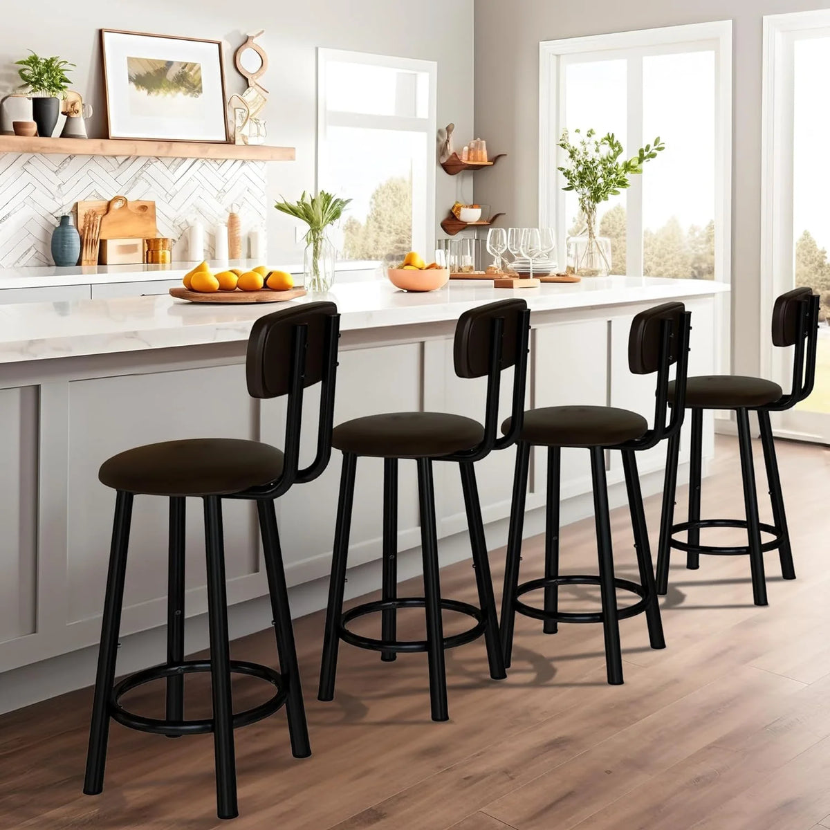Bar Stools Set of 4, 35.4 inch PU Leather with Backrest, Rustic Brown O2654