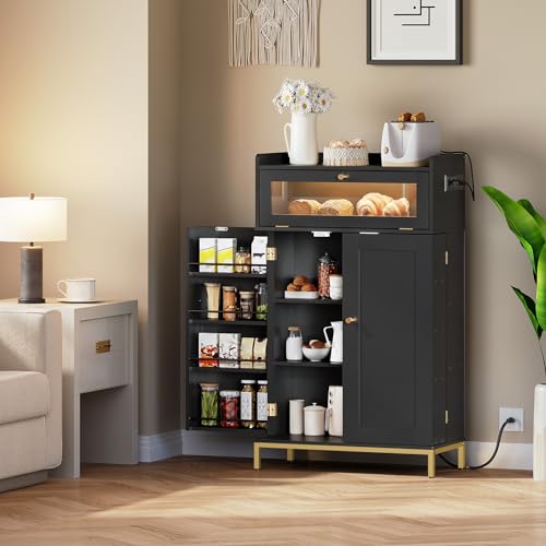 Black and Gold Pantry with Charging Station and LED Light F6577