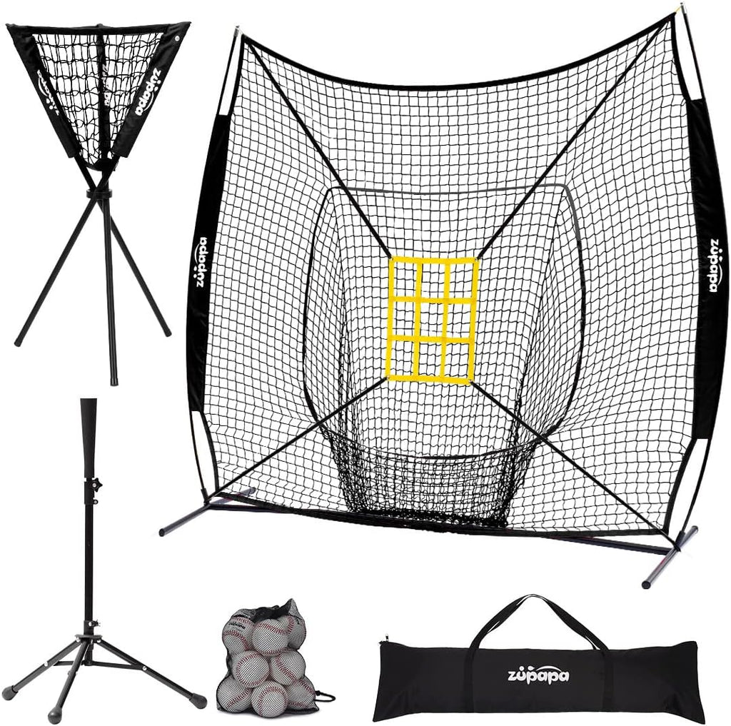 7 X 7 Feet Baseball Softball Practice Net Set with Tee Caddy 12 Pack Baseballs Q934008