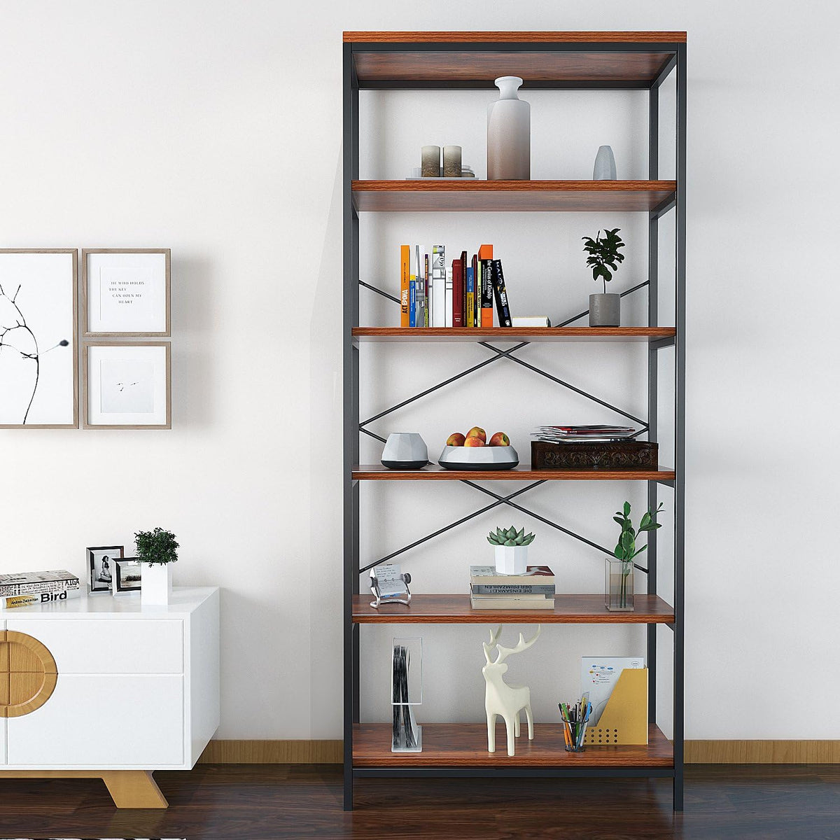 Industrial 5 Shelf Metal and Wooden Bookcase X267