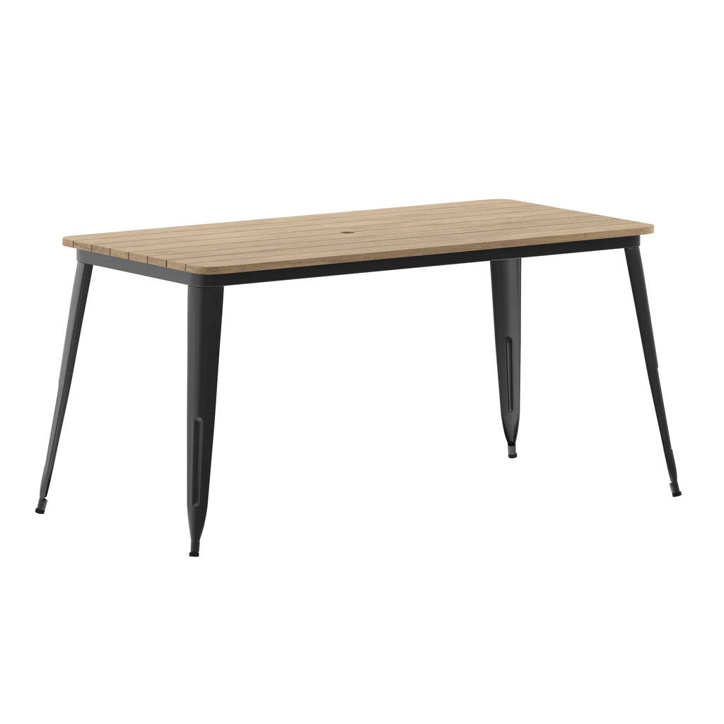 Indoor/Outdoor Dining Table with Umbrella Hole, 30" x 60" Brown Poly Resin Top and Black Steel Base T40580