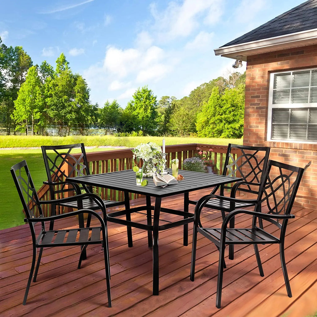 4 Seat Metal Square Outdoor Dining Table with Umbrella Hole, Black I333