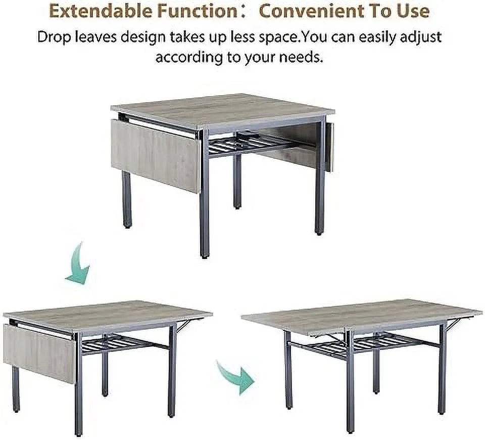 Extendable Drop Leaves Dining Table with Metal Legs Grey Q388393
