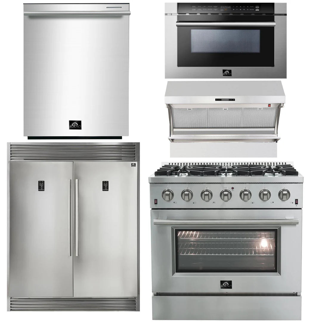 36 Inch Gas Range, Wall Mount Range Hood, Refrigerator, Microwave Drawer, Dishwasher C423