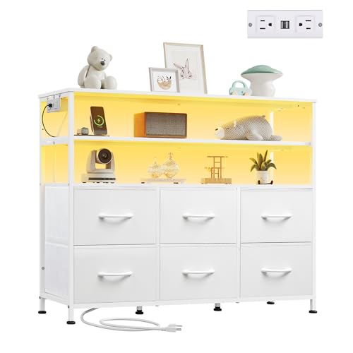 Black 6 Drawer Fabric Dresser with LED Lights and Charging Station Q3081