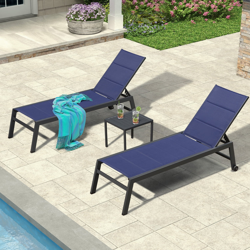 Navy Blue Aluminum 3 Piece Chaise Lounge Set with Wheels and Side Table J46140