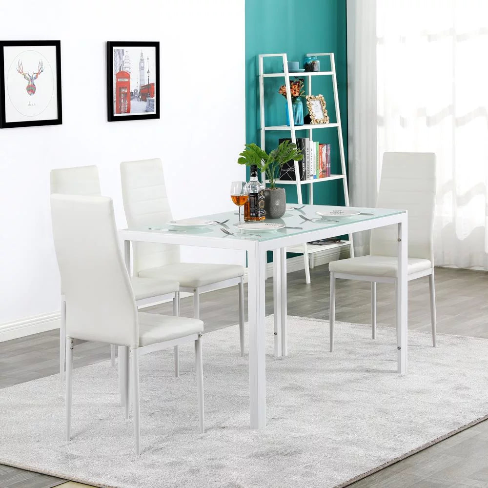 5 Pieces Dining Set Glass Table PU Leather Chair White P446632
