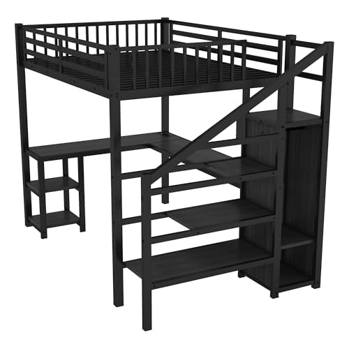 Queen Size Black Metal Loft Bed with Desk and Wardrobe F95382