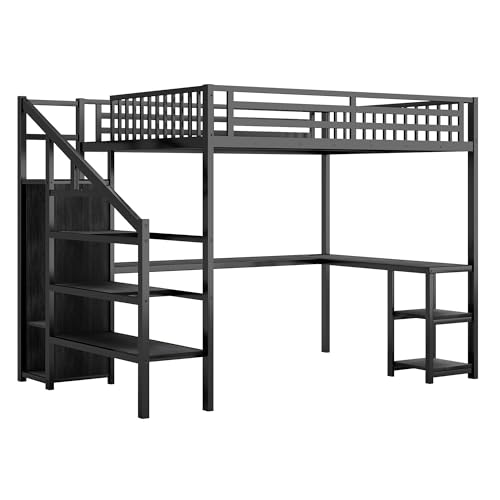 Queen Size Black Metal Loft Bed with Desk and Wardrobe F95382