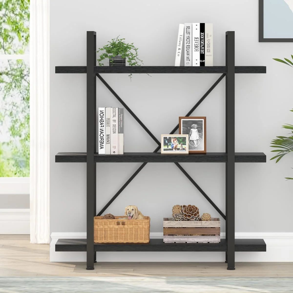 Black 3 Tier Metal Wooden Bookshelf F30845