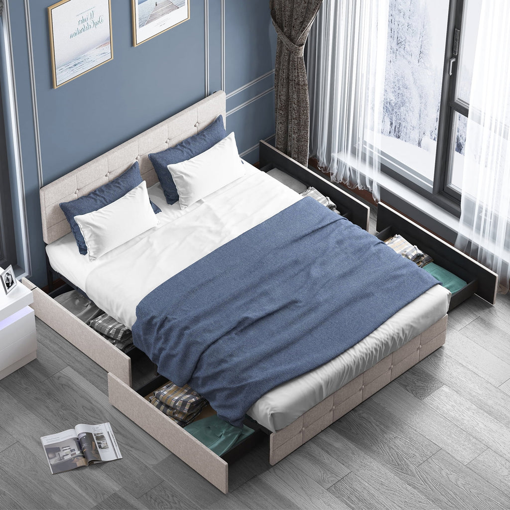 Black Linen Fabric Full Storage Bed Frame with Upholstered Headboard T5426