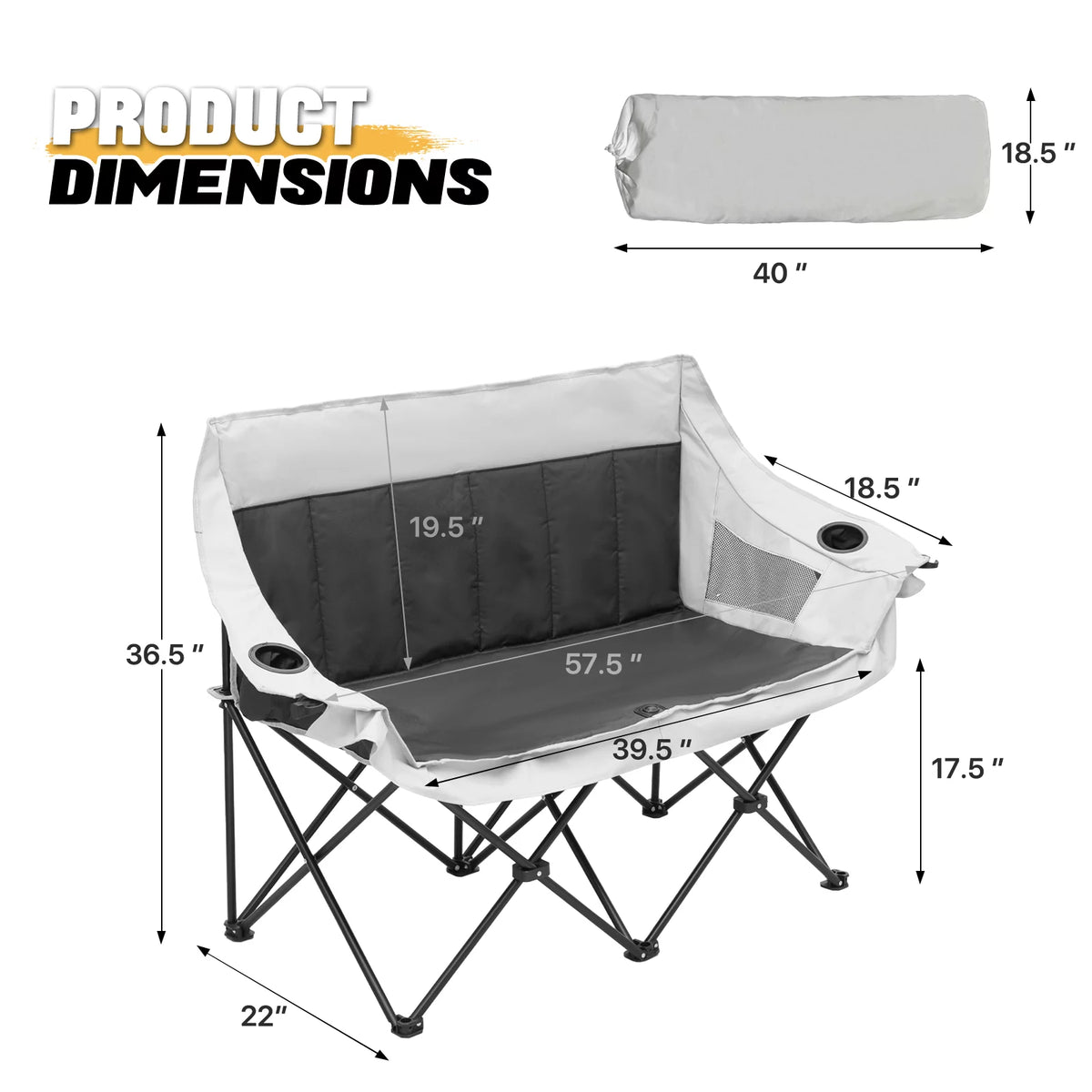 Portable 2 Person Folding Camping Sofa Chair with Carry Bag, Black K66967
