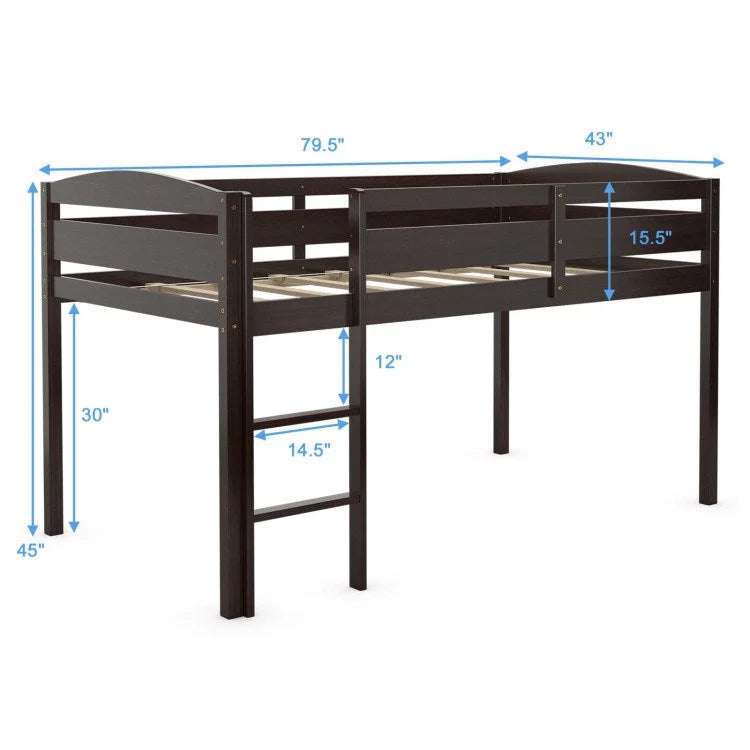 Twin Wooden Low Loft Bunk Bed with Guard Rail and Ladder G97071