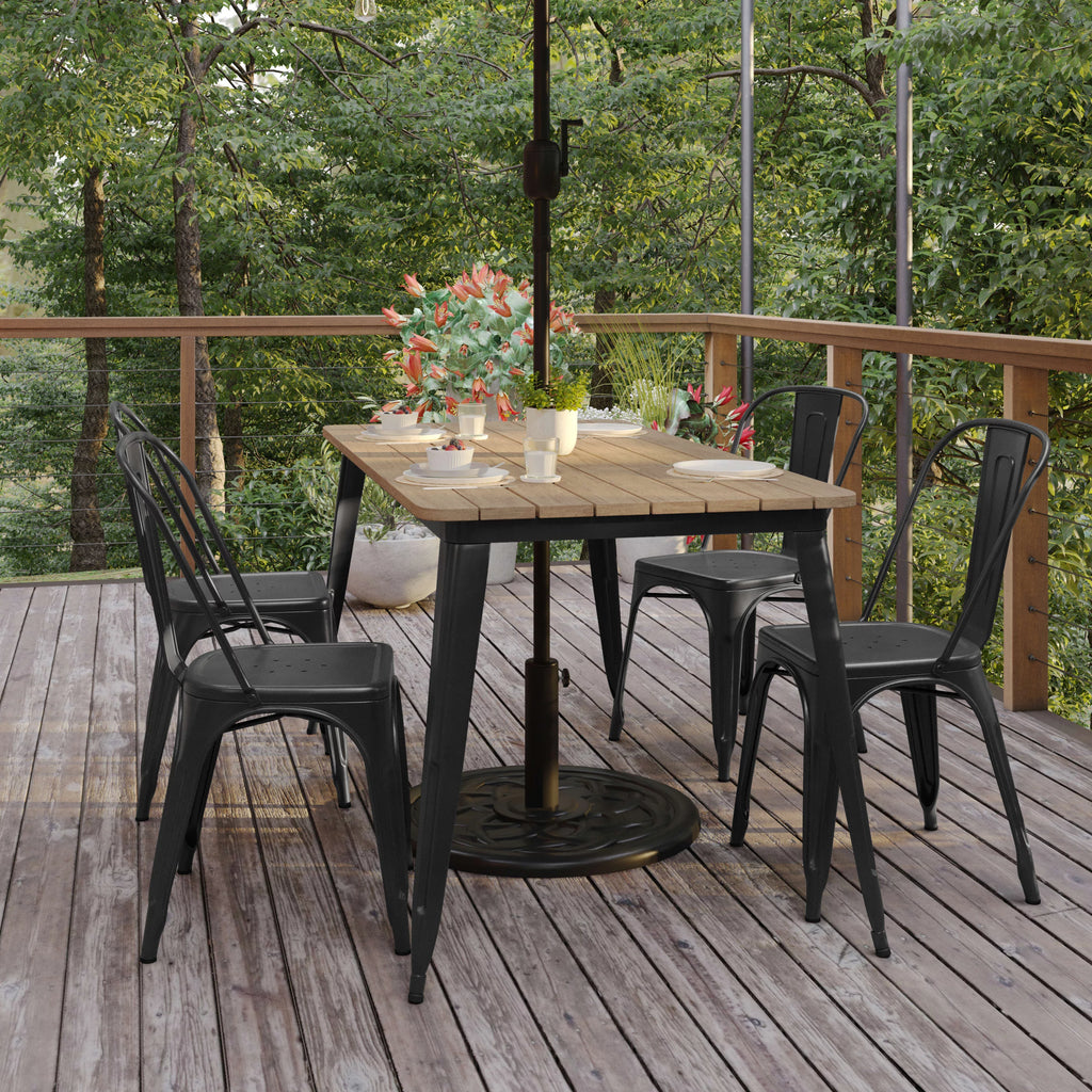 Indoor/Outdoor Dining Table with Umbrella Hole, 30" x 60" Brown Poly Resin Top and Black Steel Base T40580