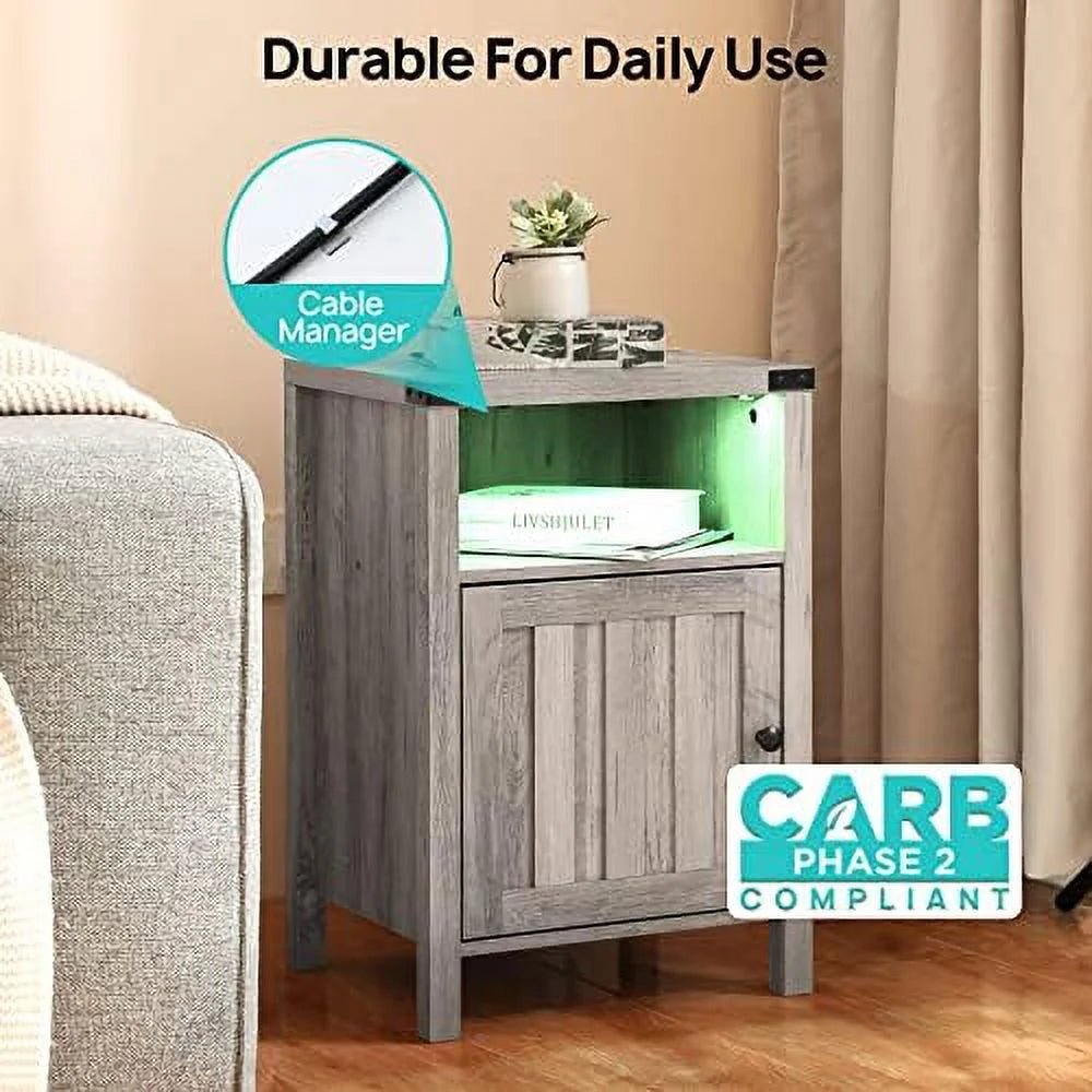 Grey Nightstand with LED Lights and Charging Station Set of 2 S8378