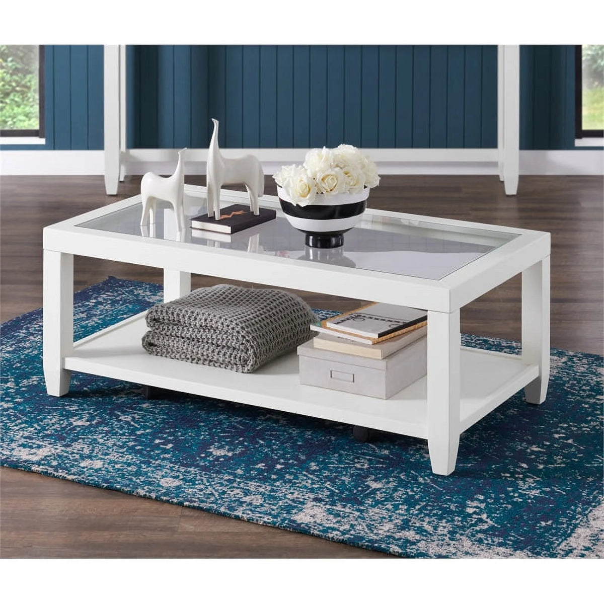 White Wood and Glass Top Coffee Table with Shelf Storage N658529