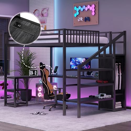 Queen Size Black Metal Loft Bed with Desk and Wardrobe F95382