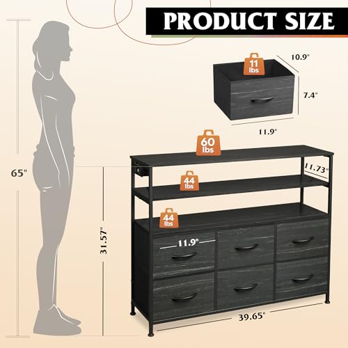 Black 6 Drawer Fabric Dresser with LED Lights and Charging Station Q3081