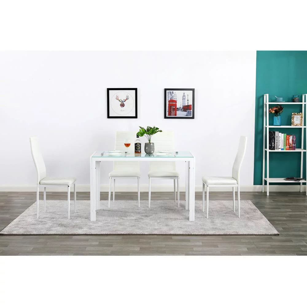 5 Pieces Dining Set Glass Table PU Leather Chair White P446632