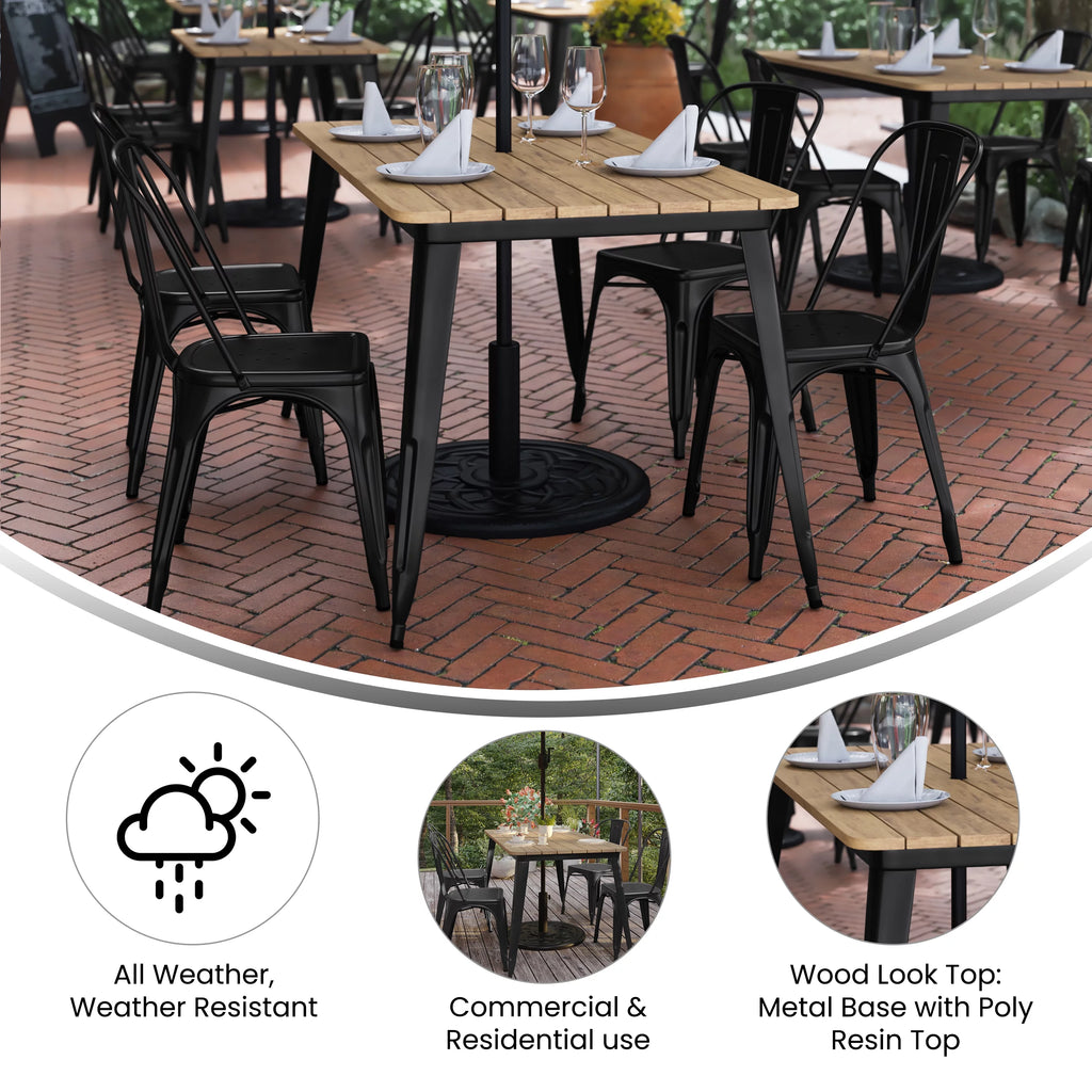 Indoor/Outdoor Dining Table with Umbrella Hole, 30" x 60" Brown Poly Resin Top and Black Steel Base T40580