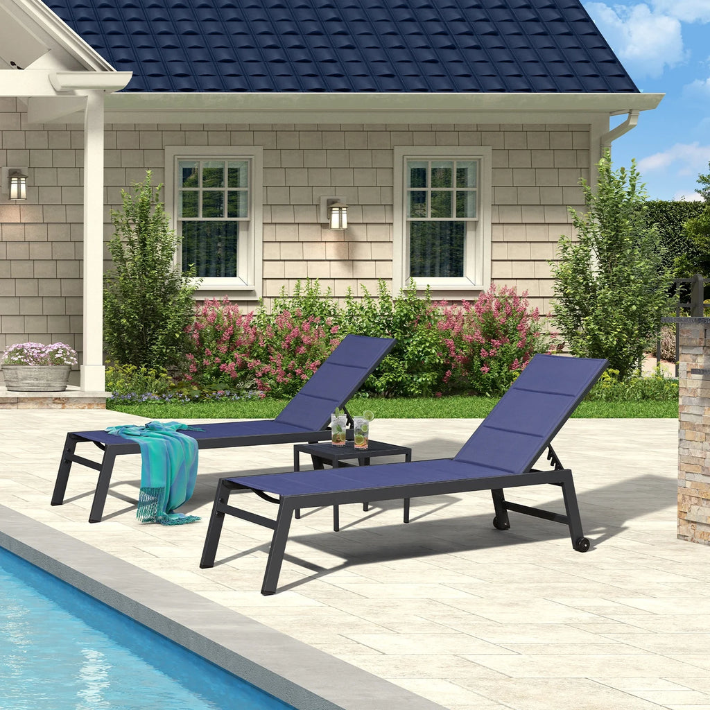 Navy Blue Aluminum 3 Piece Chaise Lounge Set with Wheels and Side Table J46140