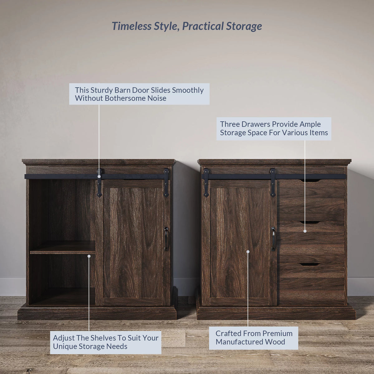 Modern Farmhouse Buffet Table with Sliding Barn Door, Three Drawers & Two Shelves T8495