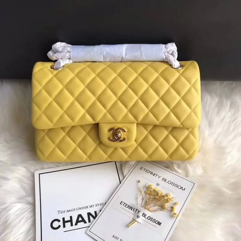 Yellow Lambskin Leather Flap Bag I875