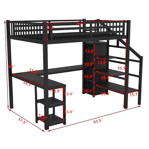 Queen Size Black Metal Loft Bed with Desk and Wardrobe F95382