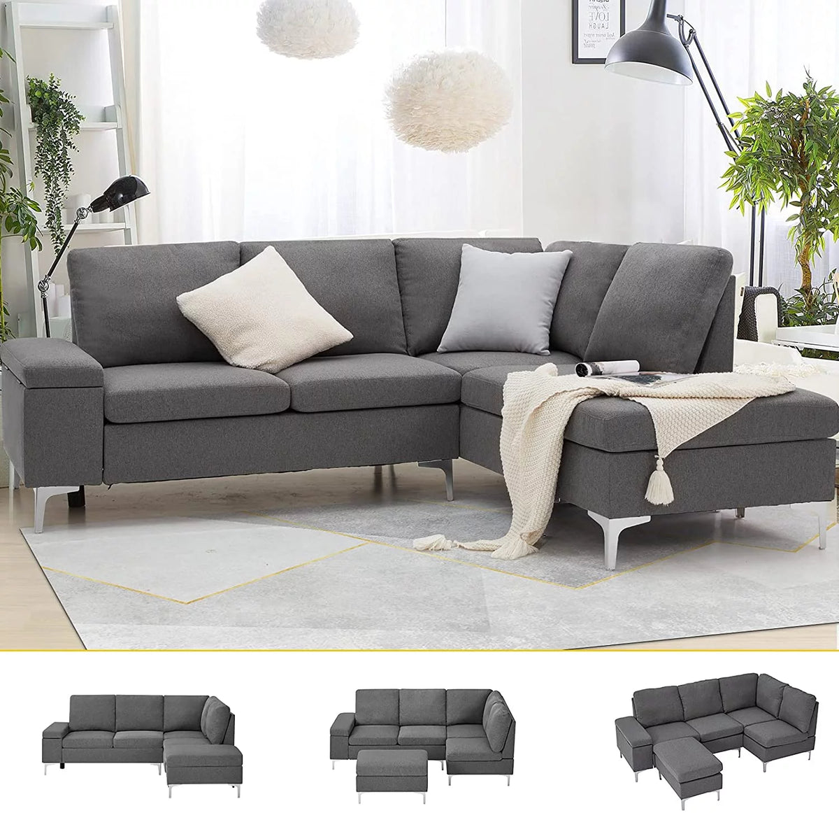 85.5 Sectional Sofa with Armrest Storage Gray E814