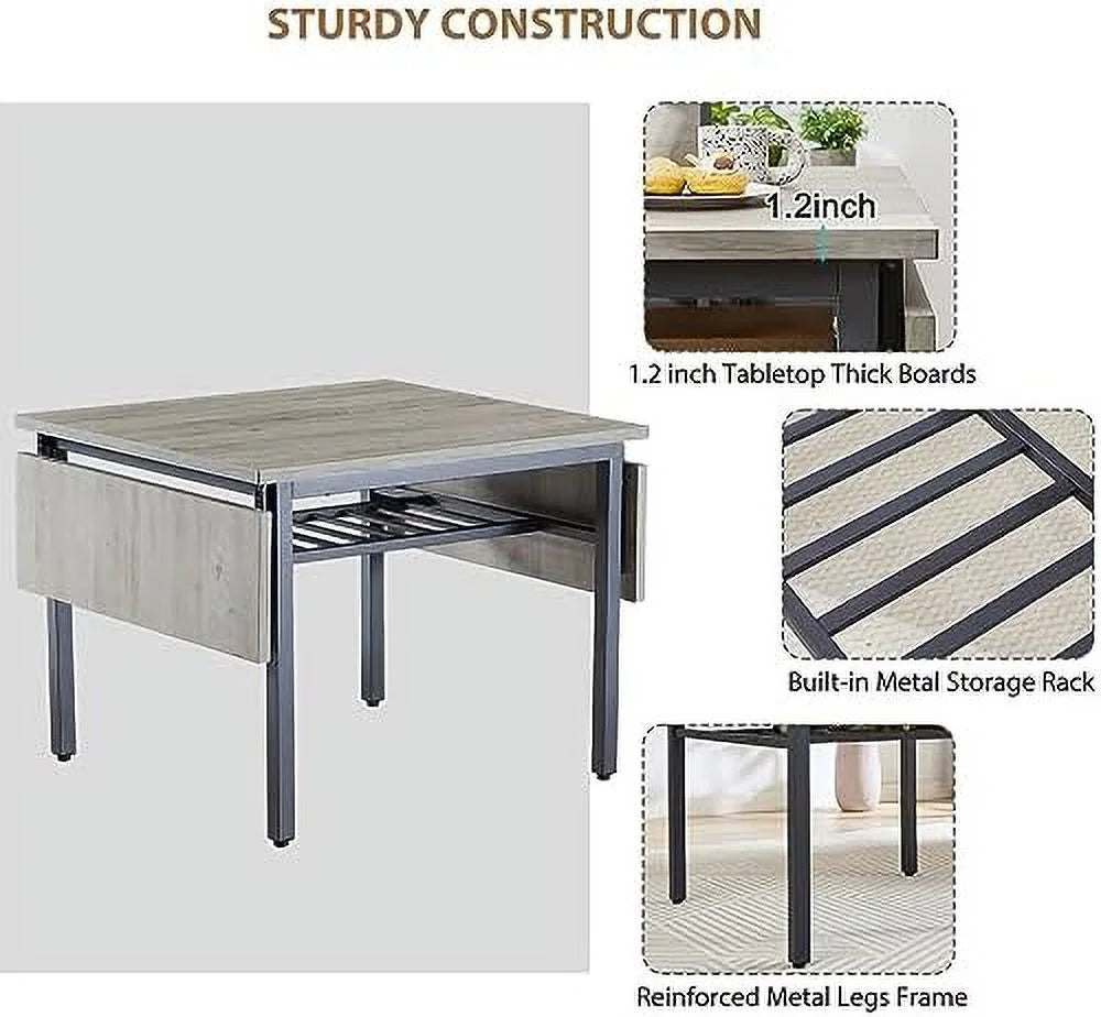 Extendable Drop Leaves Dining Table with Metal Legs Grey Q388393