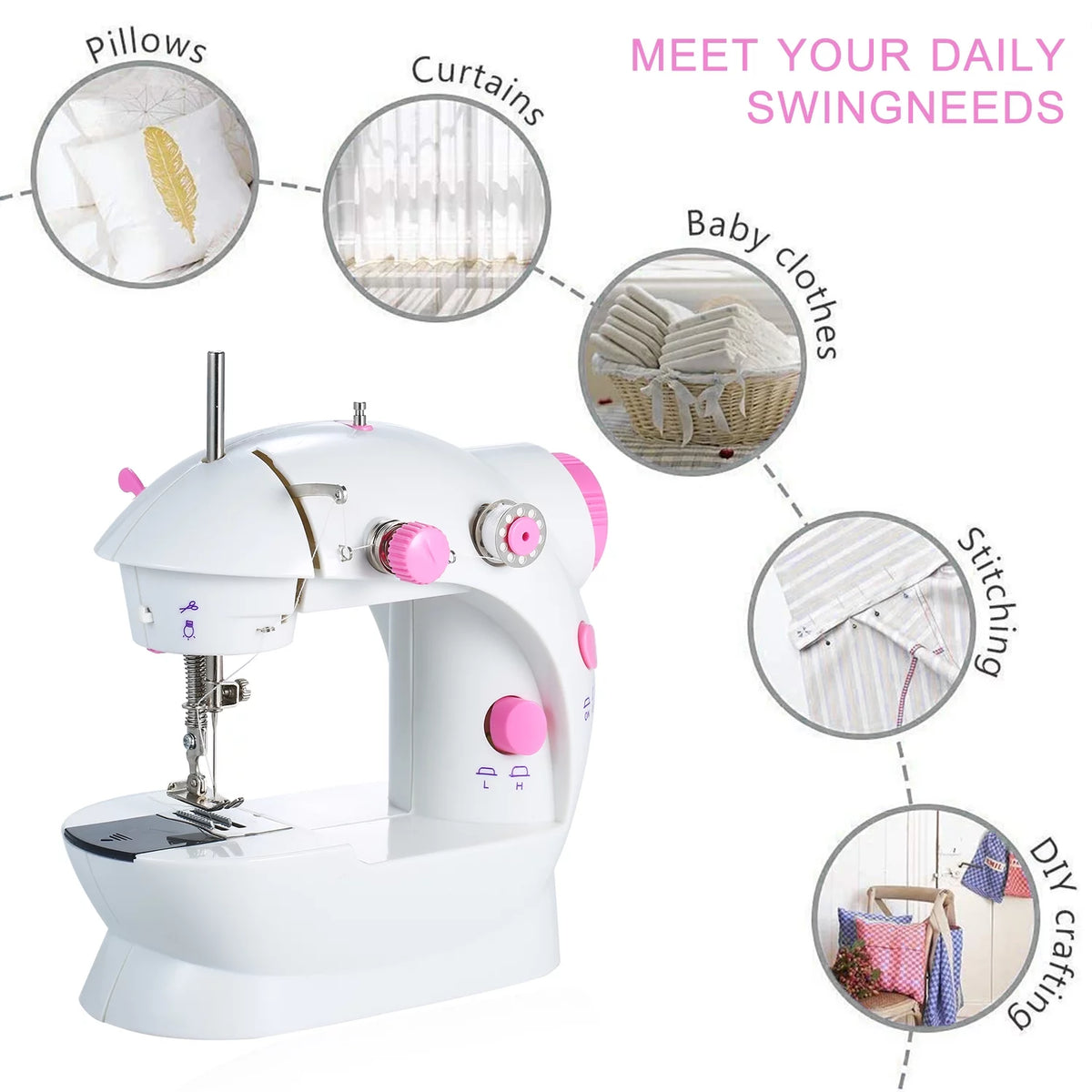 Adjustable 2-Speed Portable Electric Mini Sewing Machine with Lights and Cutter V3153
