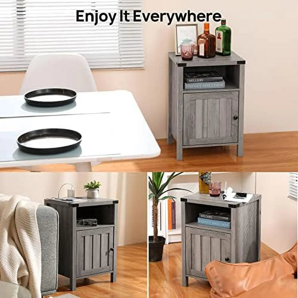 Grey Nightstand with LED Lights and Charging Station Set of 2 S8378