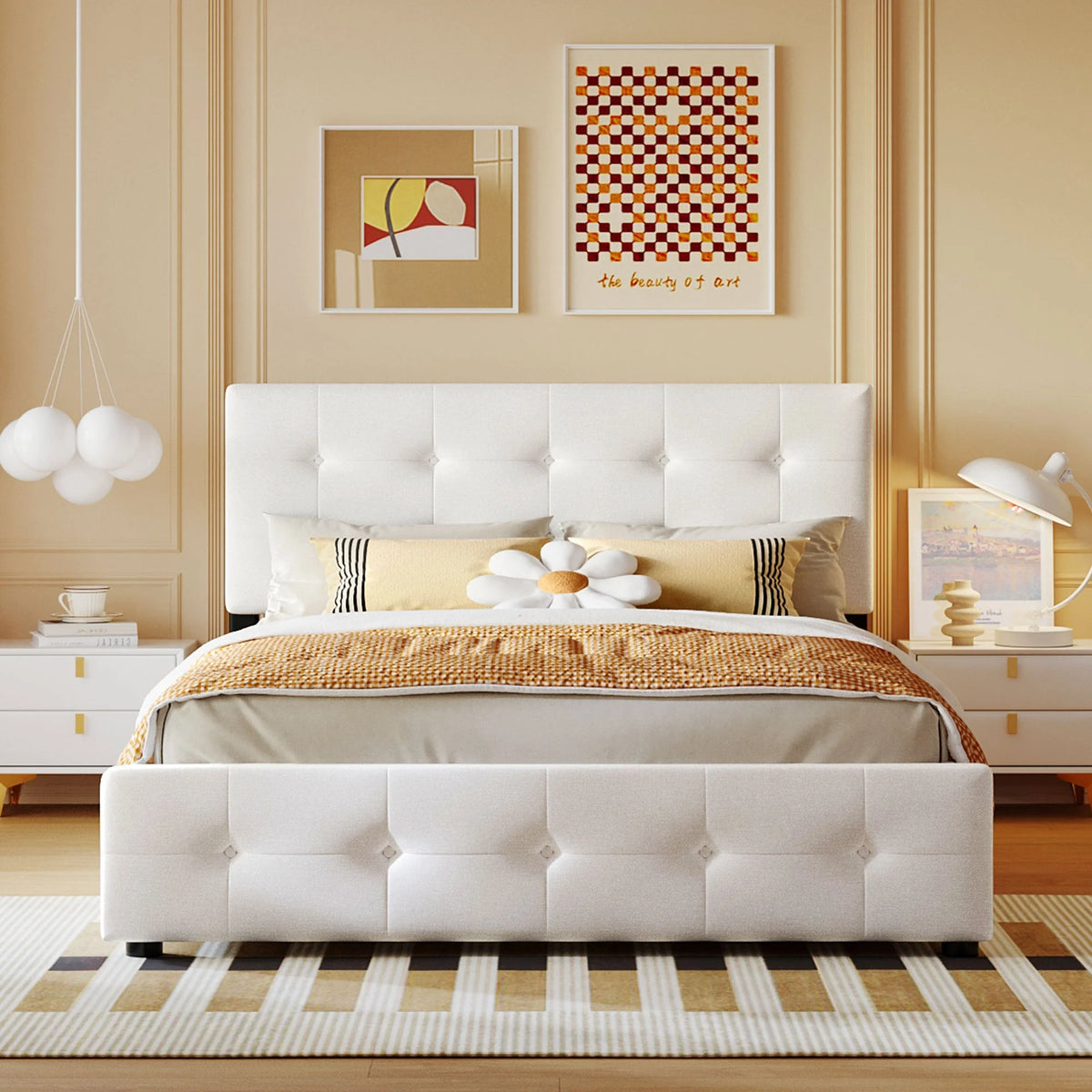 Queen Size Platform Bed with 4 Drawers White F312