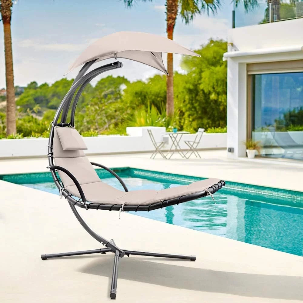 Hanging Curved Chaise Lounge Chair with Pillow, Canopy & Stand Z465