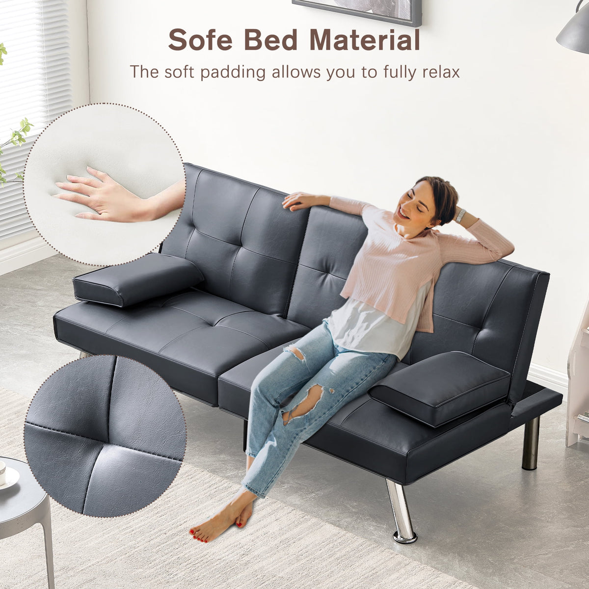 Gray Faux Leather Convertible Sofa Bed R4355