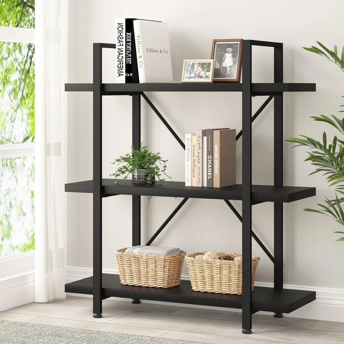 Black 3 Tier Metal Wooden Bookshelf F30845