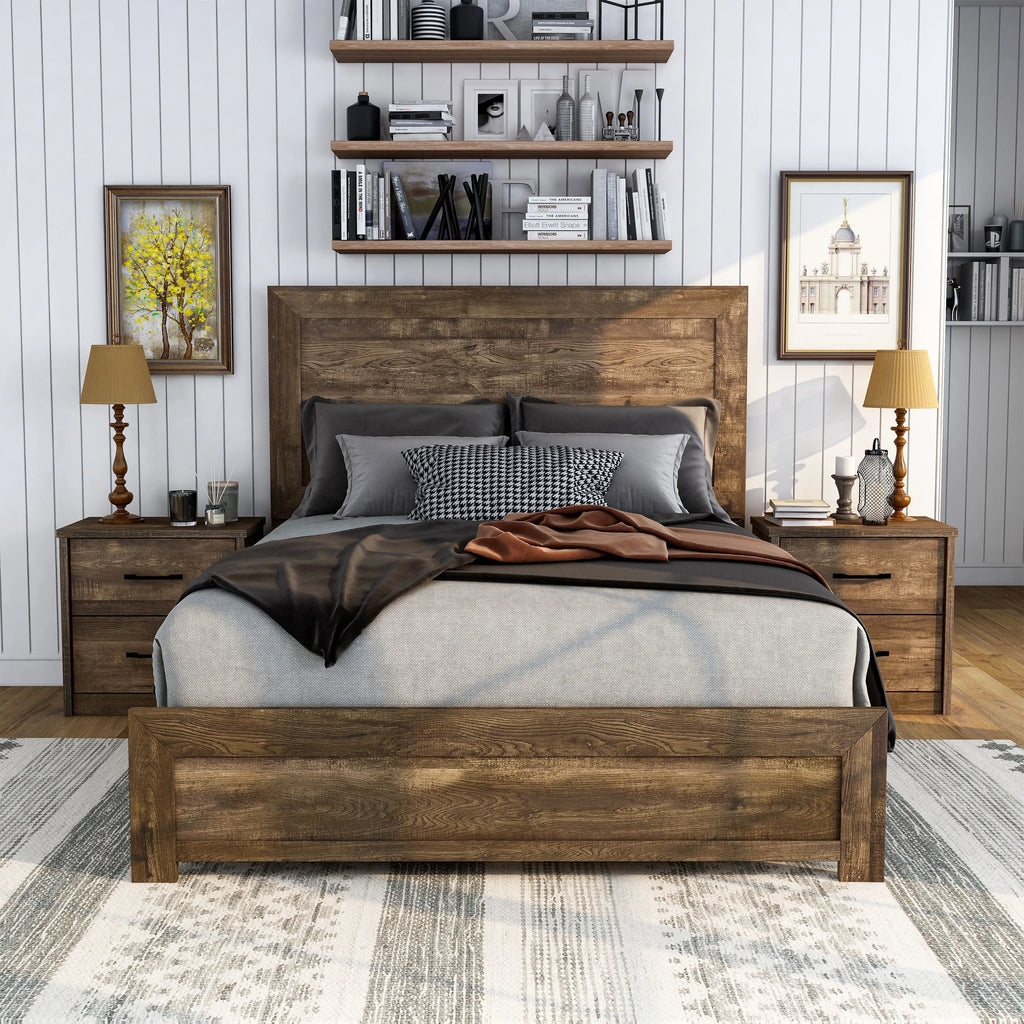 Rustic Walnut 2-Piece Panel Bed and Nightstand Set with USB Port O51273