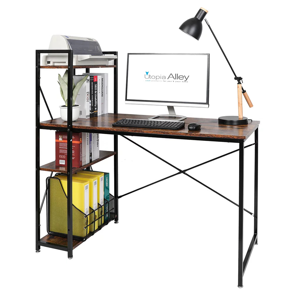 Black 47-inch Metal Computer Desk with 4-Tier Storage Shelves T175
