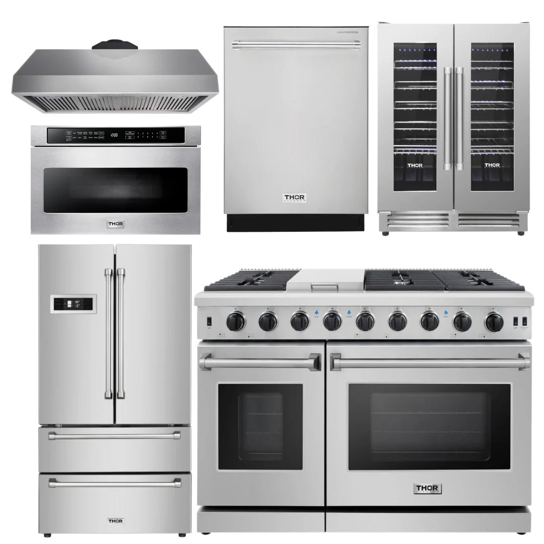 48 in. Propane Gas Range, Range Hood, Refrigerator, Dishwasher, Wine Cooler, Microwave E747