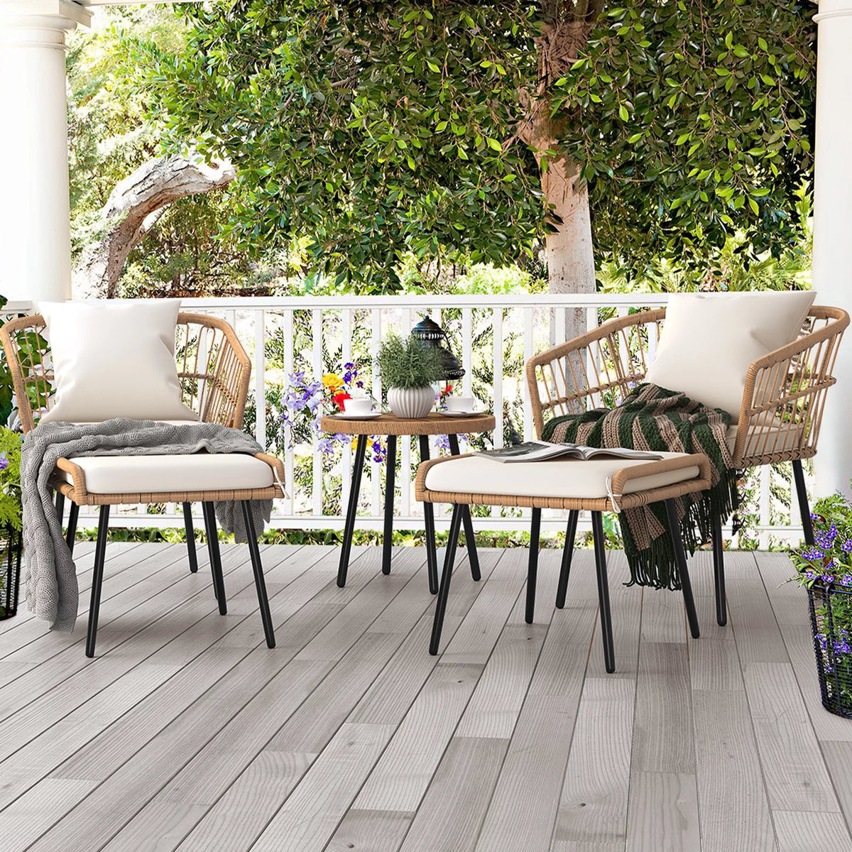 Set of 2 Beige Wicker Rattan Ottoman E761