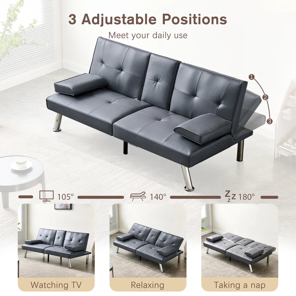 Gray Faux Leather Convertible Sofa Bed R4355
